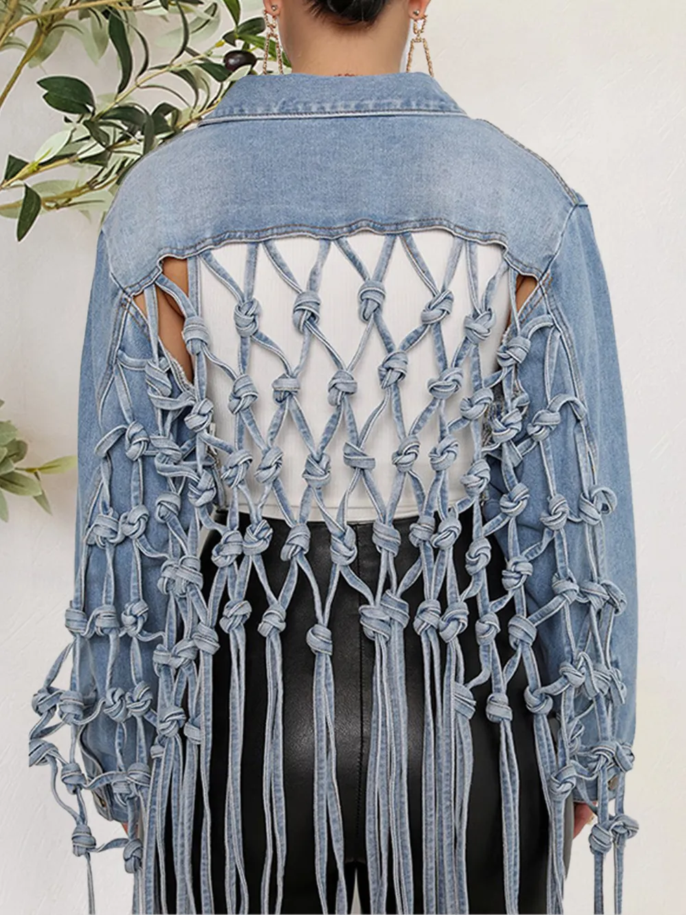 Tie Detail Button Up Denim Jacket with Pockets, image 2