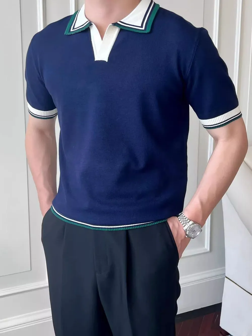 Men's Plus Size Classic Striped Collar Knit Polo Shirt, image 2