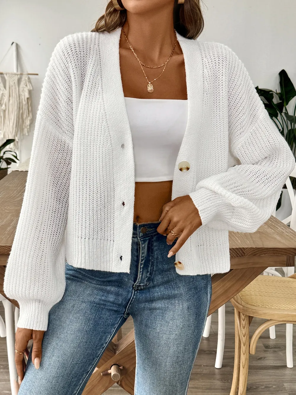 V-Neck Button Up Long Sleeve Cardigan, image 4
