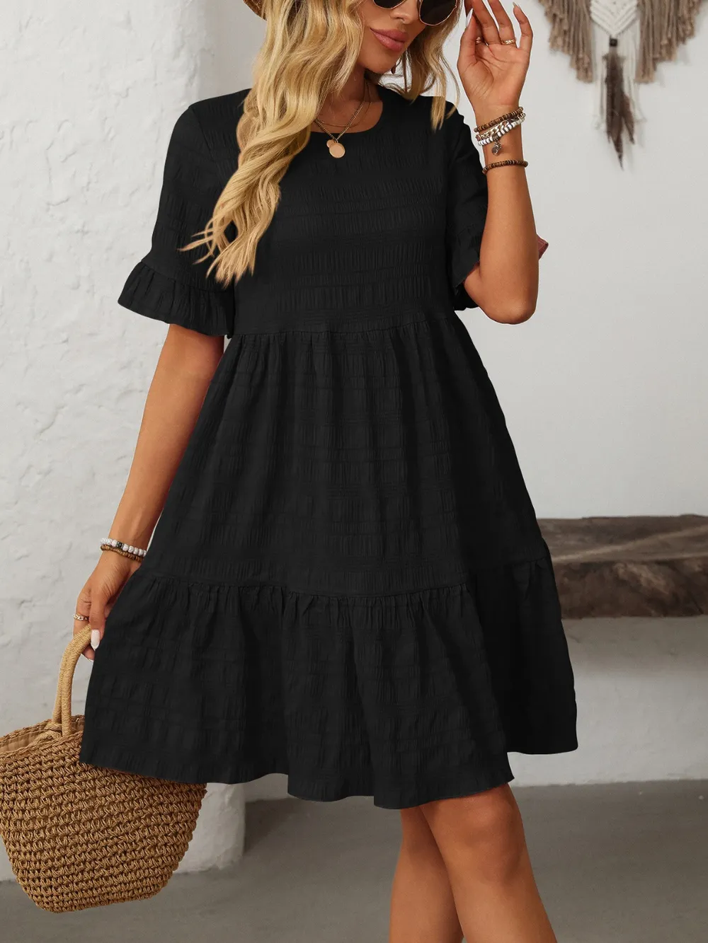Ruffled Ruched Round Neck Half Sleeve Dress, image 23