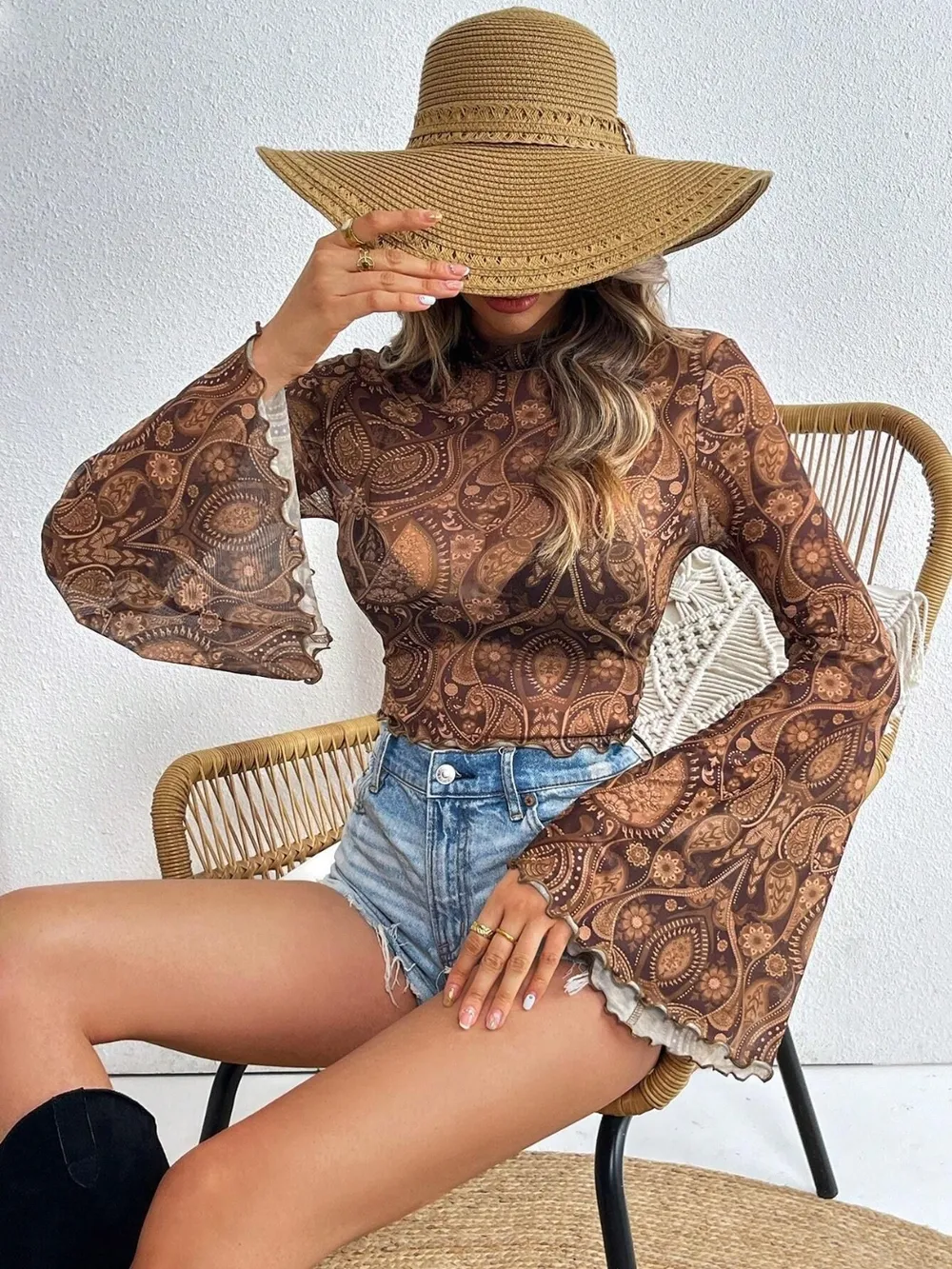 Printed Mock Neck Long Sleeve Cropped T-Shirt, image 8