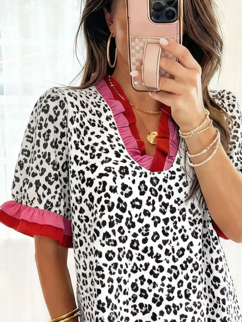 Leopard Print Frill Short Sleeve Blouse, image 5