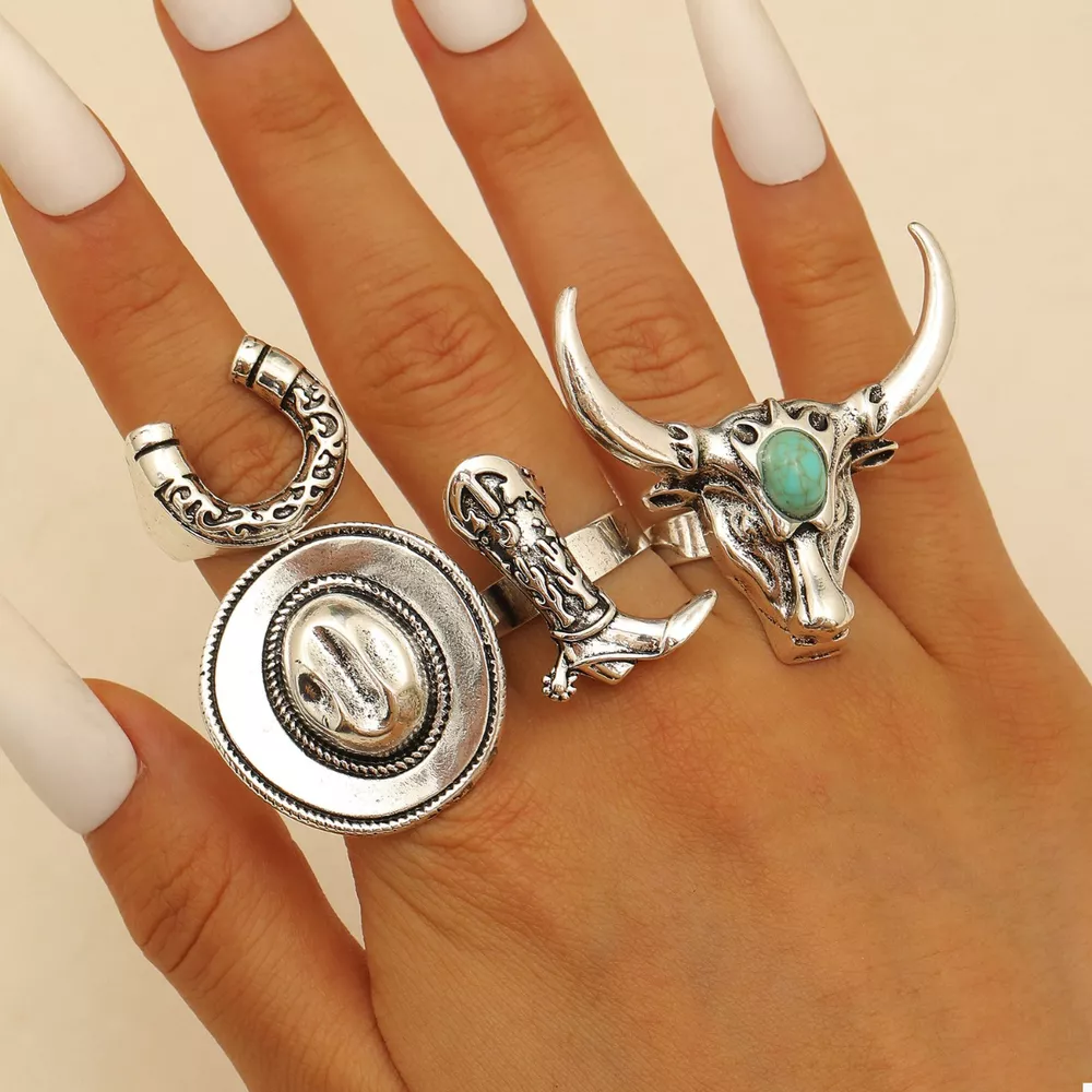 4 Piece Vintage Western Style Bull Head Rings, image 13