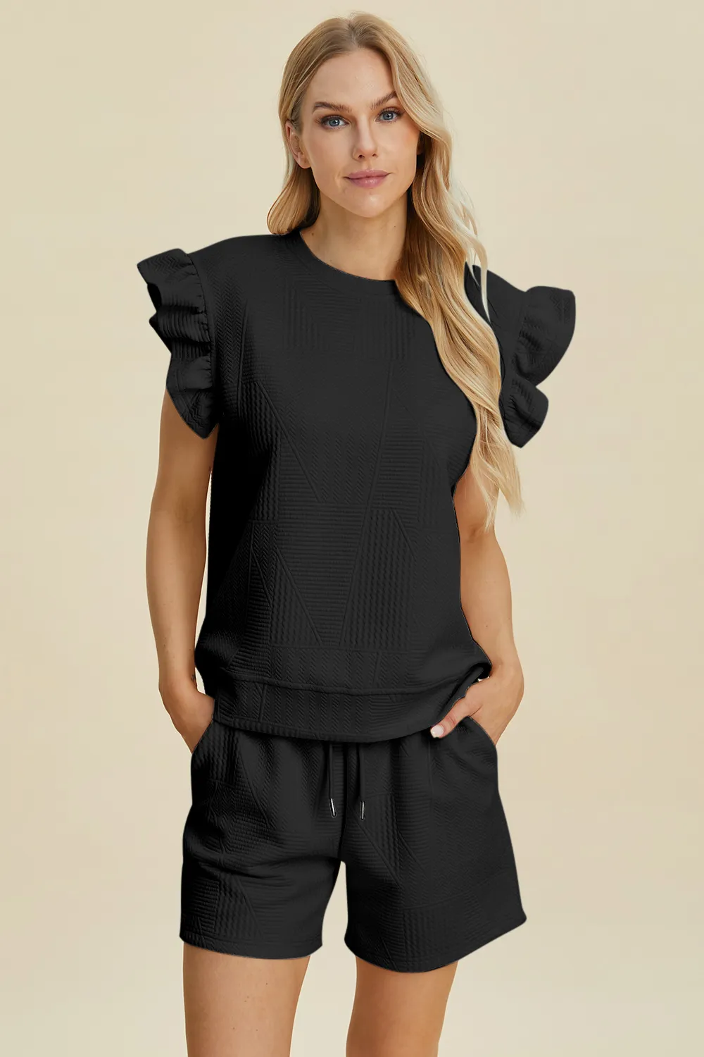 Full Size Texture Round Neck Ruffle Sleeve Top and Shorts Set