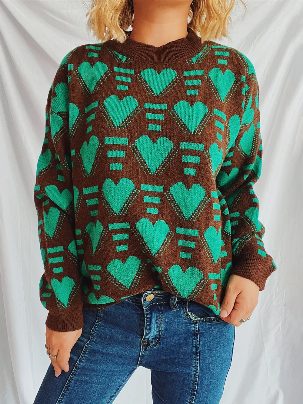Heart Contrast Long Sleeve Dropped Shoulder Sweater, image 2