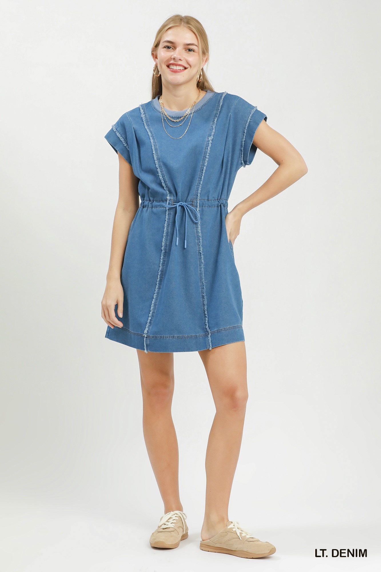 Drawstring Waist Frayed Denim Mini Dress, image 4