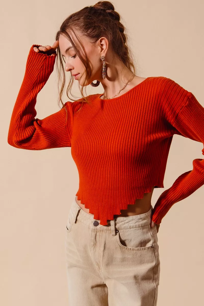 Rib Knitted Crop Sweater Top With Shaped Hem, image 3