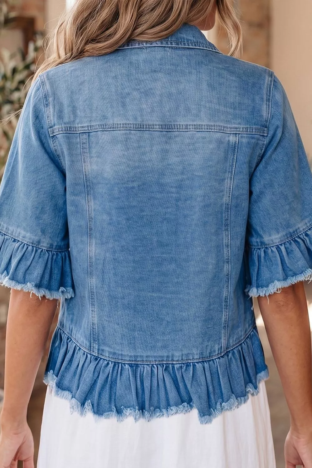 Ruffle Hem Raw Edge Half Sleeve Western Denim Jacket, image 4
