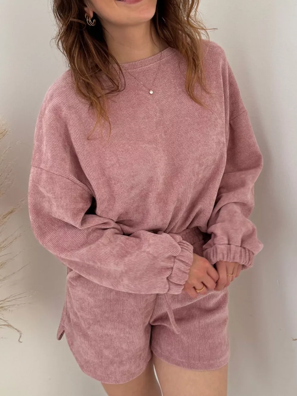 Round Neck Dropped Shoulder Top and Drawstring Shorts Set, image 4