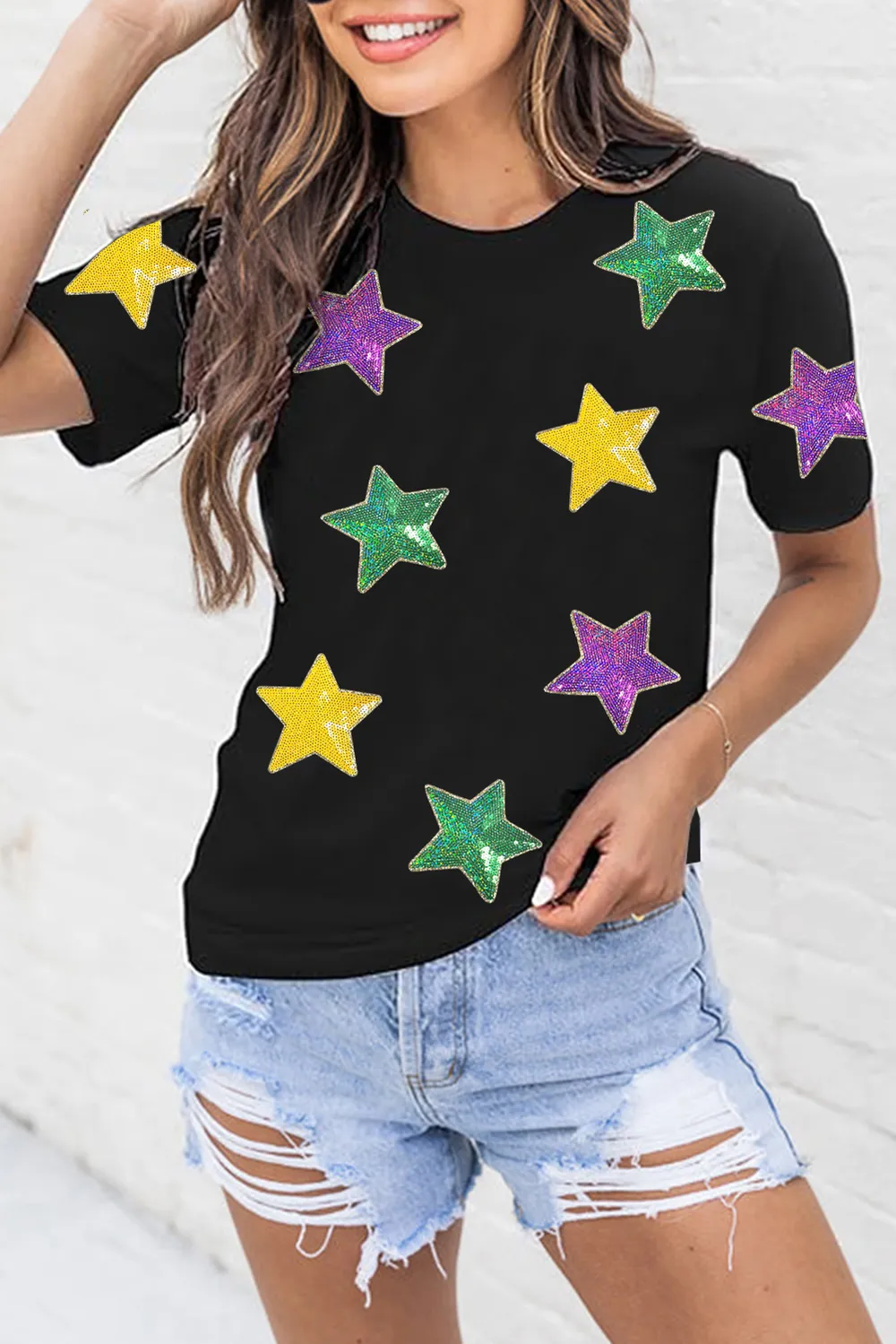 Sequin Stars Patched Round Neck T-Shirt, image 5