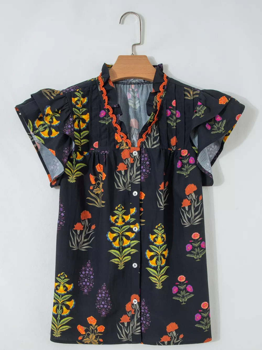 Floral Print Lace Trim Frilled V Neck Short Sleeve Shirt, image 6
