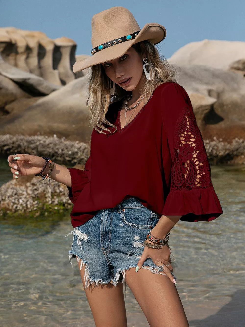 Plus Size Lace Sleeve V-Neck Blouse, image 12