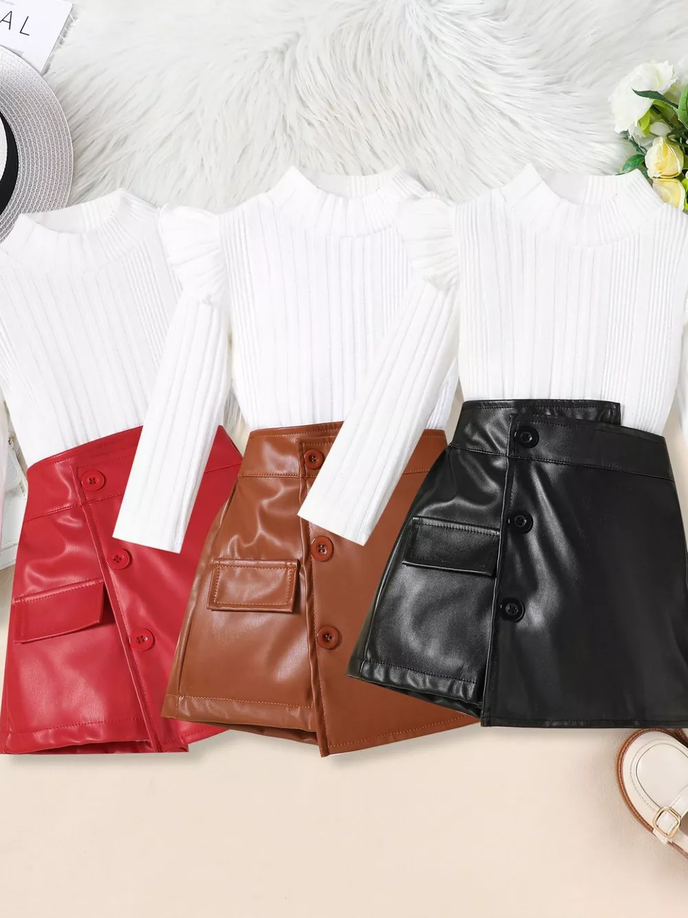 Children's Ribbed Knit Top and Leather Skirt Set, image 2