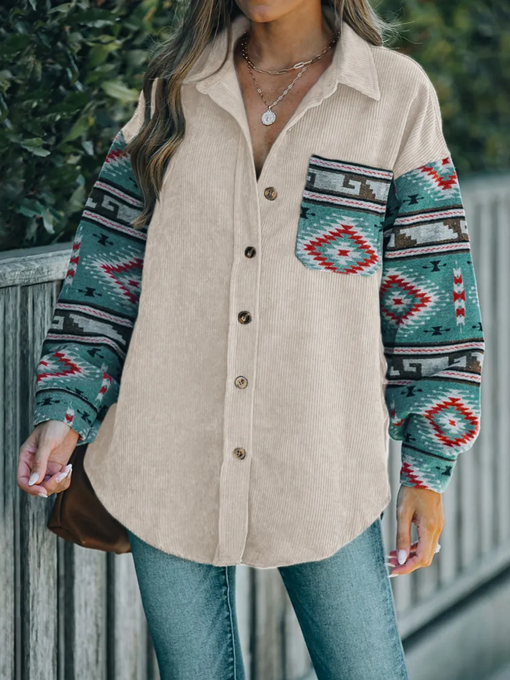 Pocketed Geometric Collared Neck Shacket, image 8