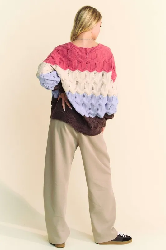 Wavy Texture Color Block V-Neck Sweater, image 6