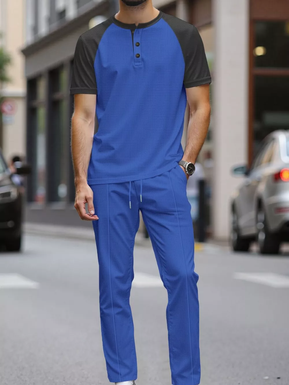 Men's Full Size Casual Two-Tone Raglan Sleeve Tee and Pants Set Plus Size, image 6