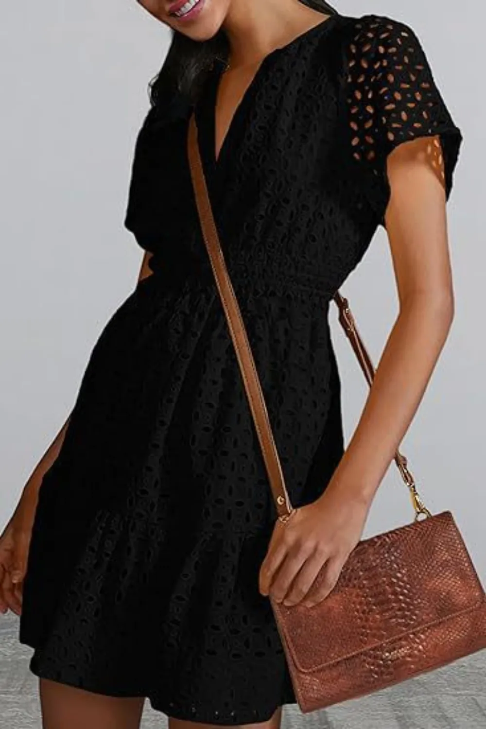 Eyelet Notched Short Sleeve Mini Dress, image 17