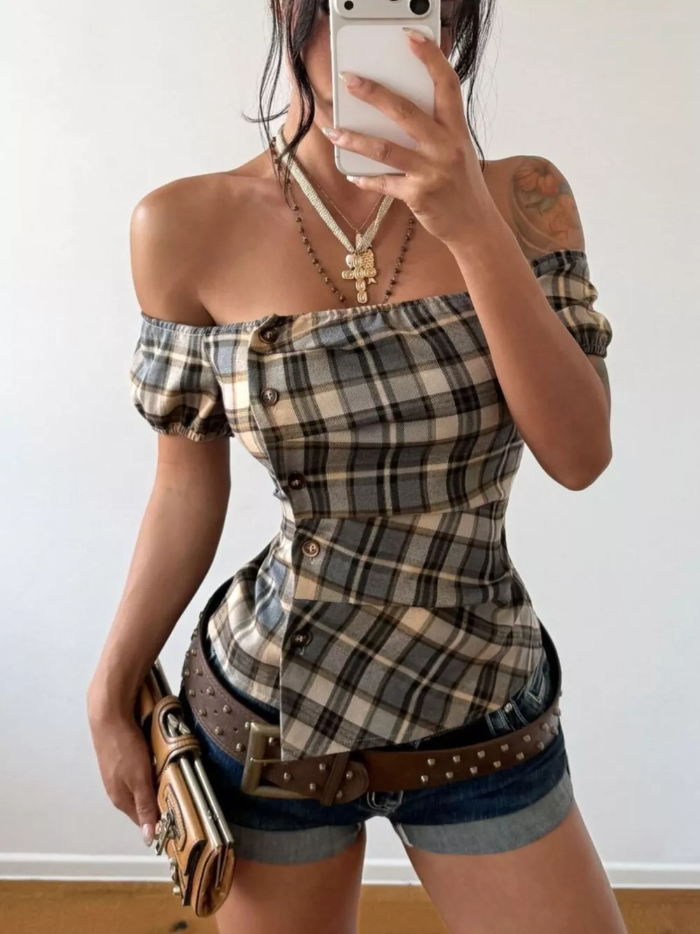 Off-Shoulder Plaid Blouse, image 5