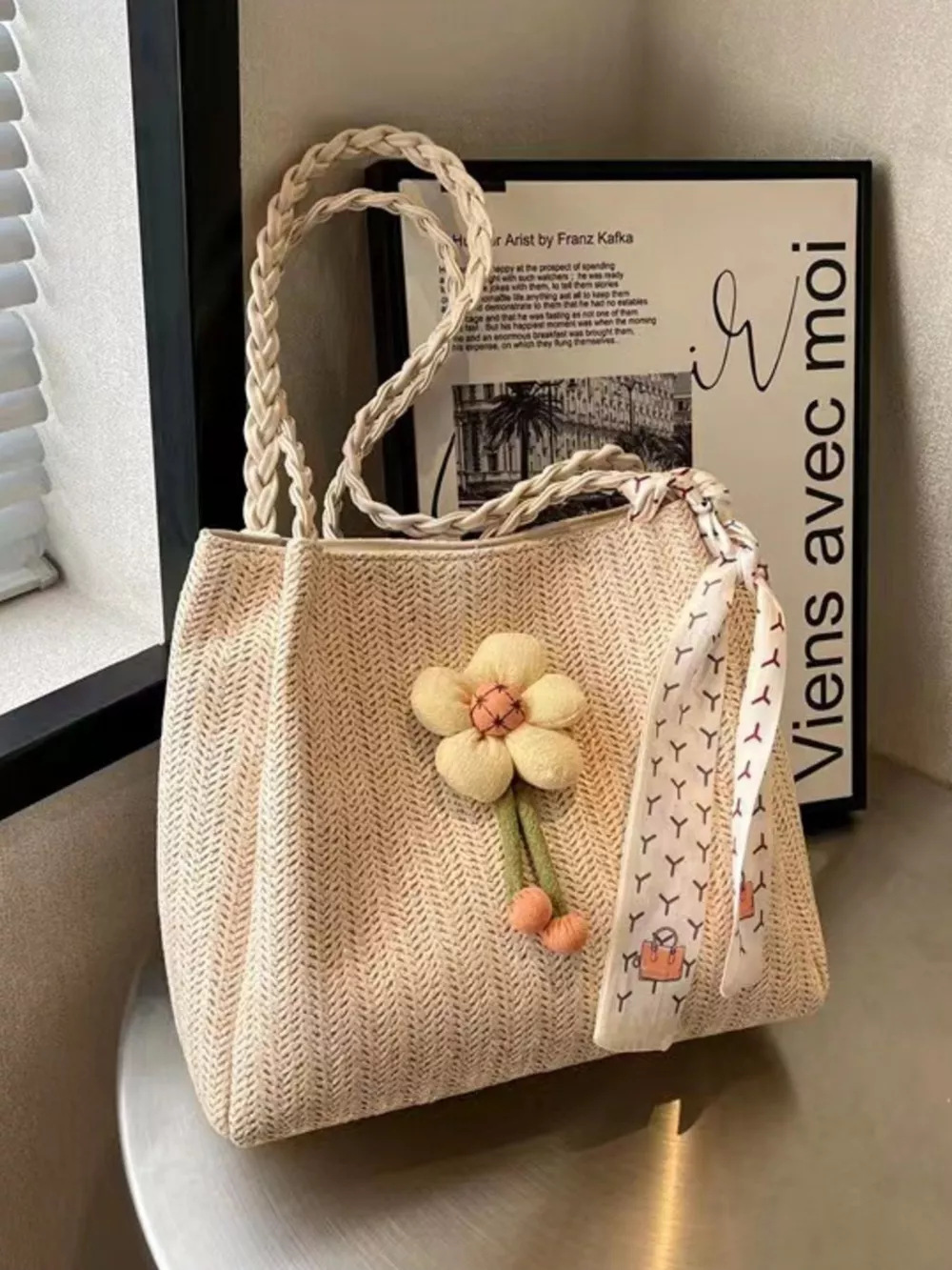 Floral Decor Woven Straw Tote Bag, image 2