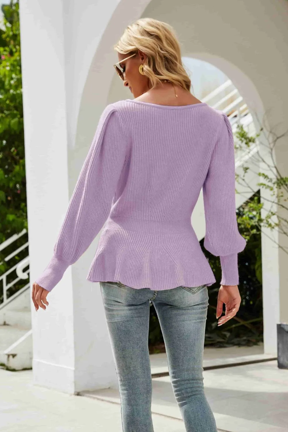 Ribbed Round Neck Lantern Sleeve Sweater, image 10