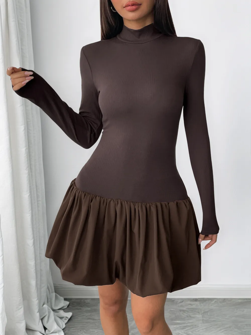 Mock Neck Long Sleeve Bubble Hem Dress, image 9
