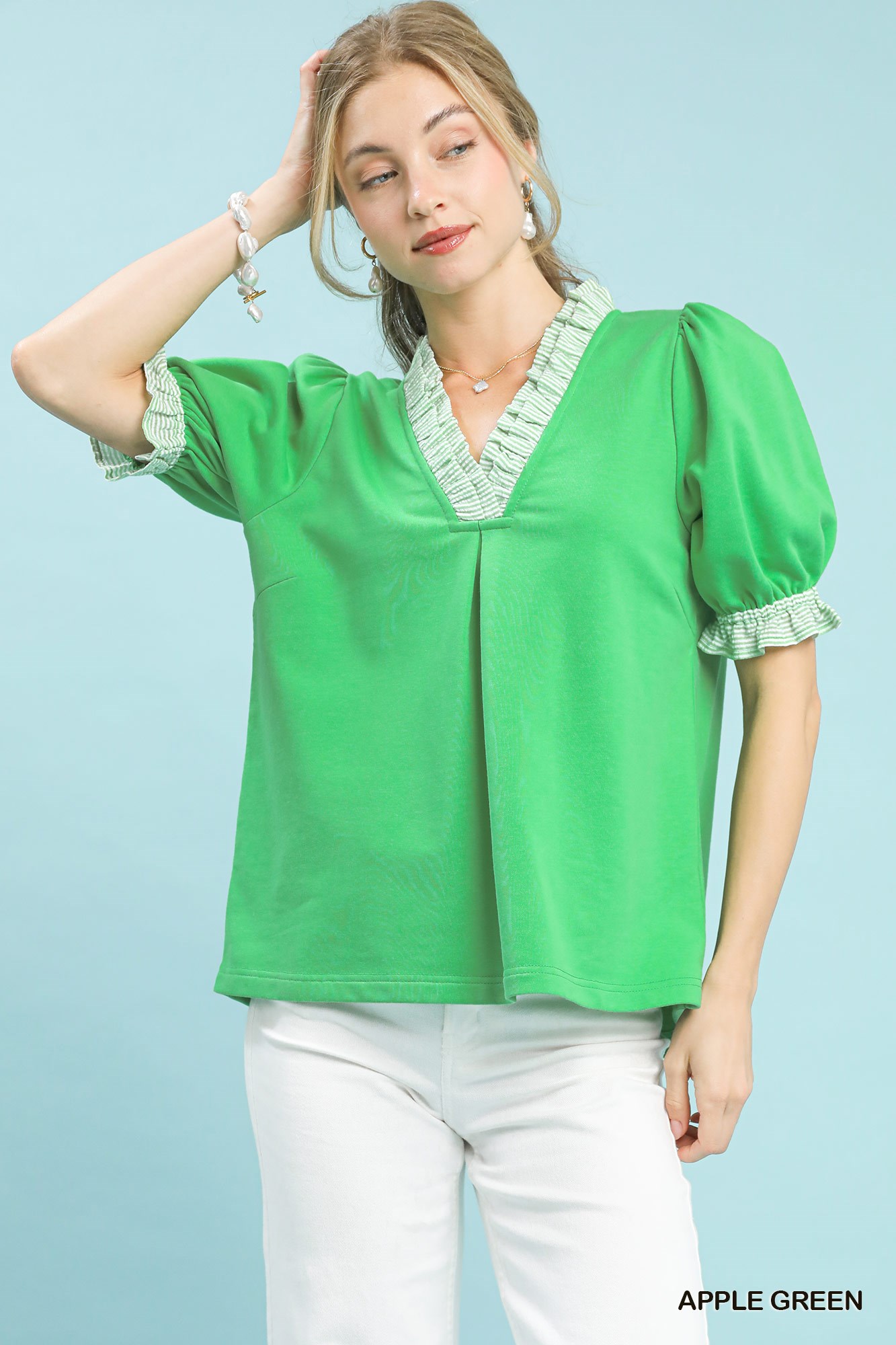 French Terry Ruffle Trim Puff Sleeve Top