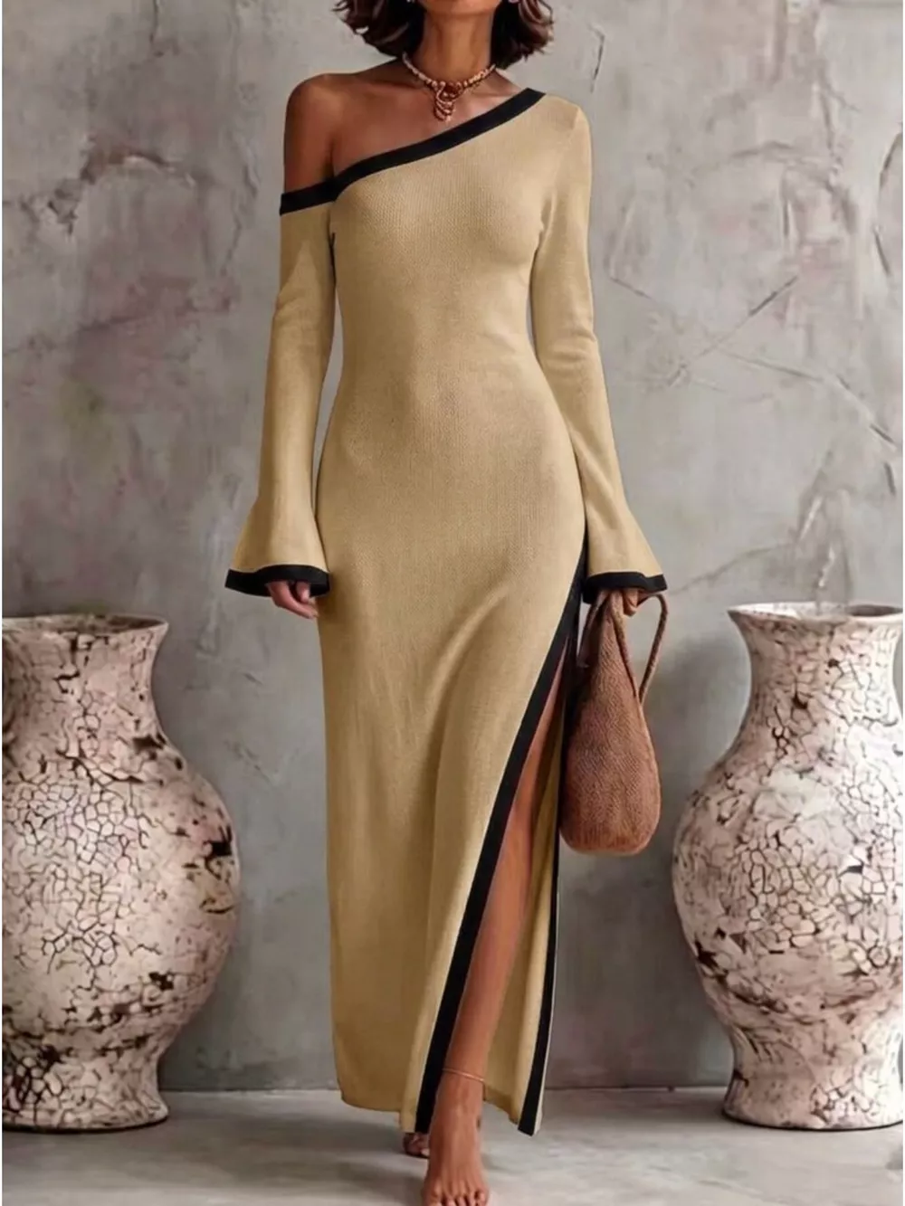 Slit One-Shoulder Contrast Trim Maxi Dress, image 9