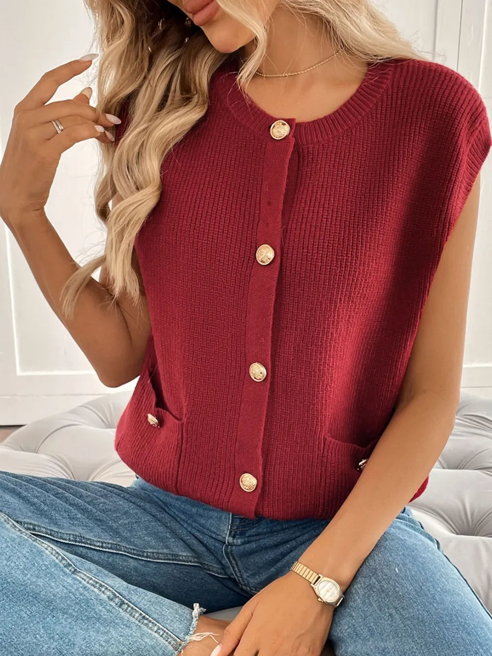 Pocketed Round Neck Cap Sleeve Cardigan, image 5