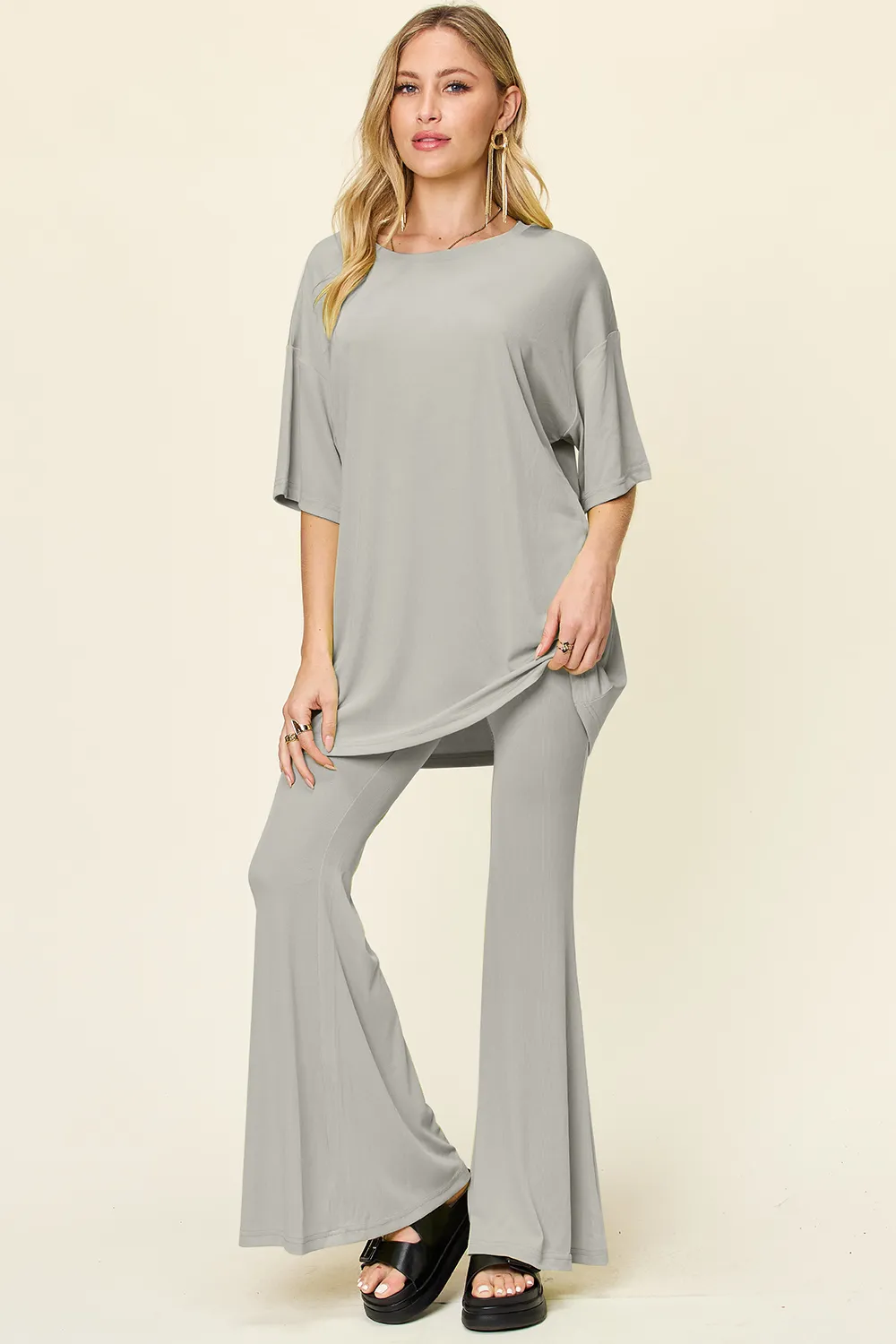 Full Size Round Neck Drop Shoulder T-Shirt and Flare Pants Set, image 18