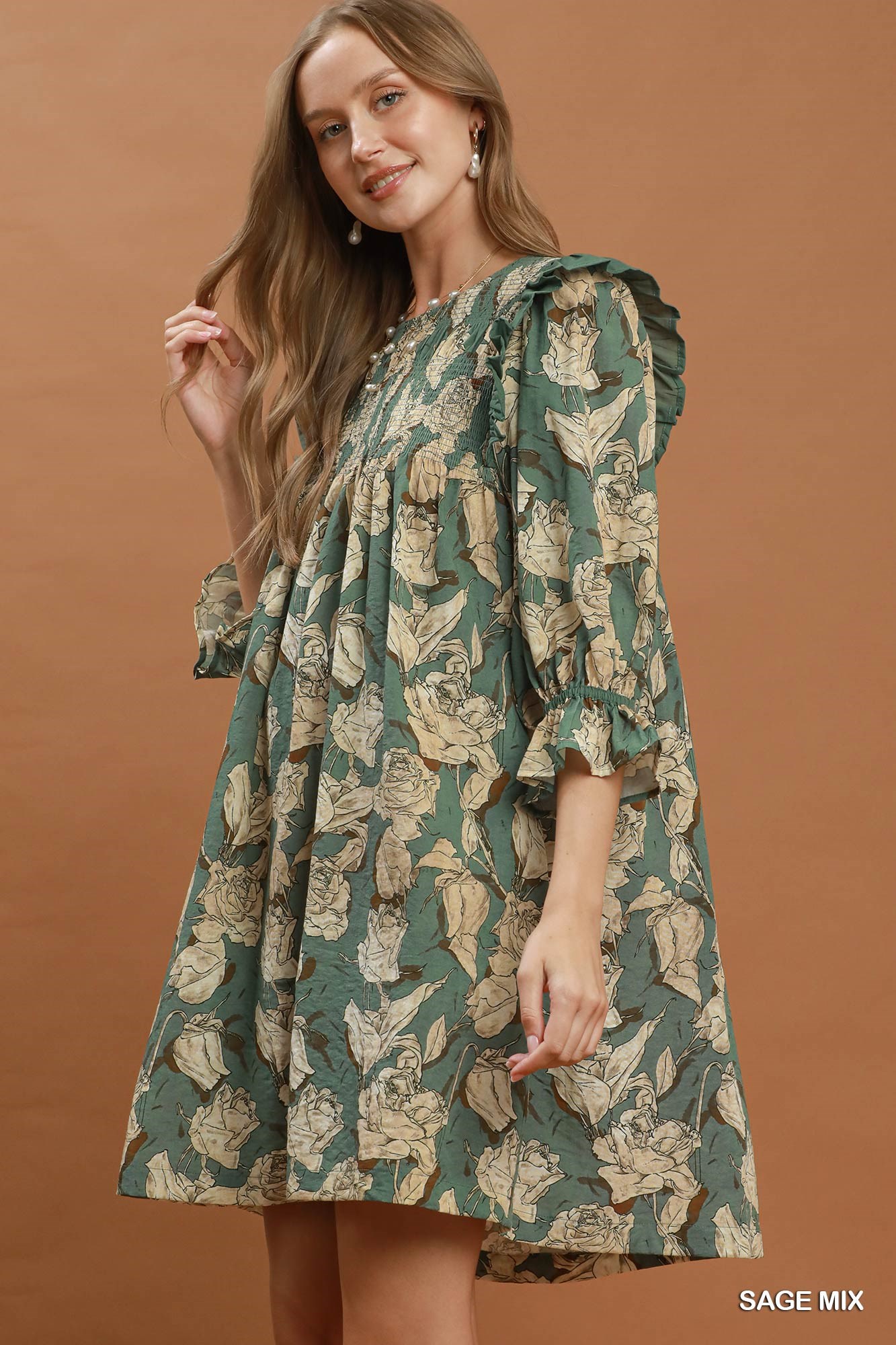 Mix Floral Print Smocked Ruffle Detail Flowy Dress, image 2
