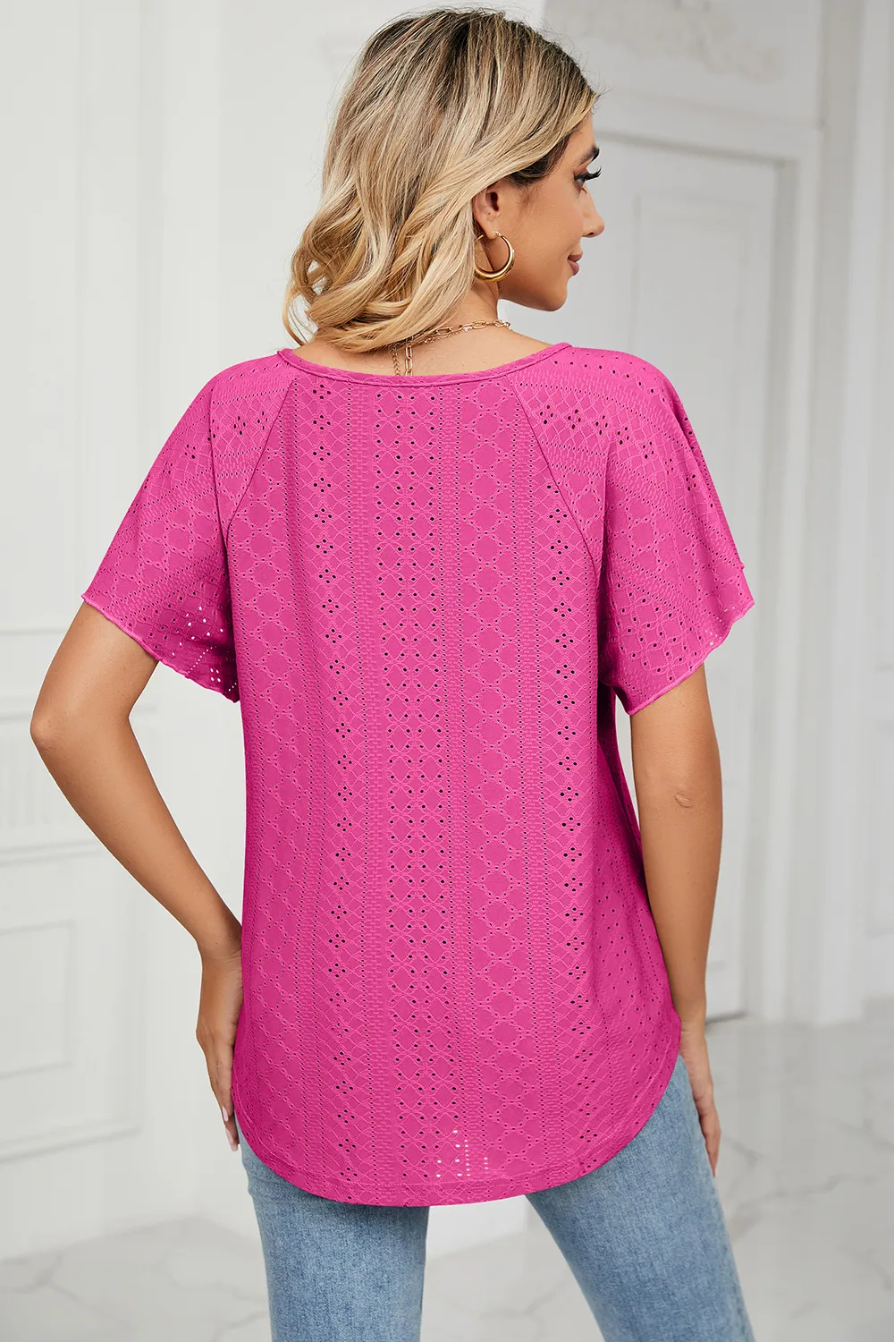 Eyelet Tie Neck Flutter Sleeve Blouse, image 20