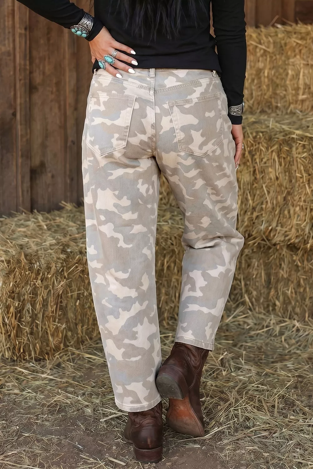 Camouflage Print Pocket Ankle-Length Barrel Jeans, image 2