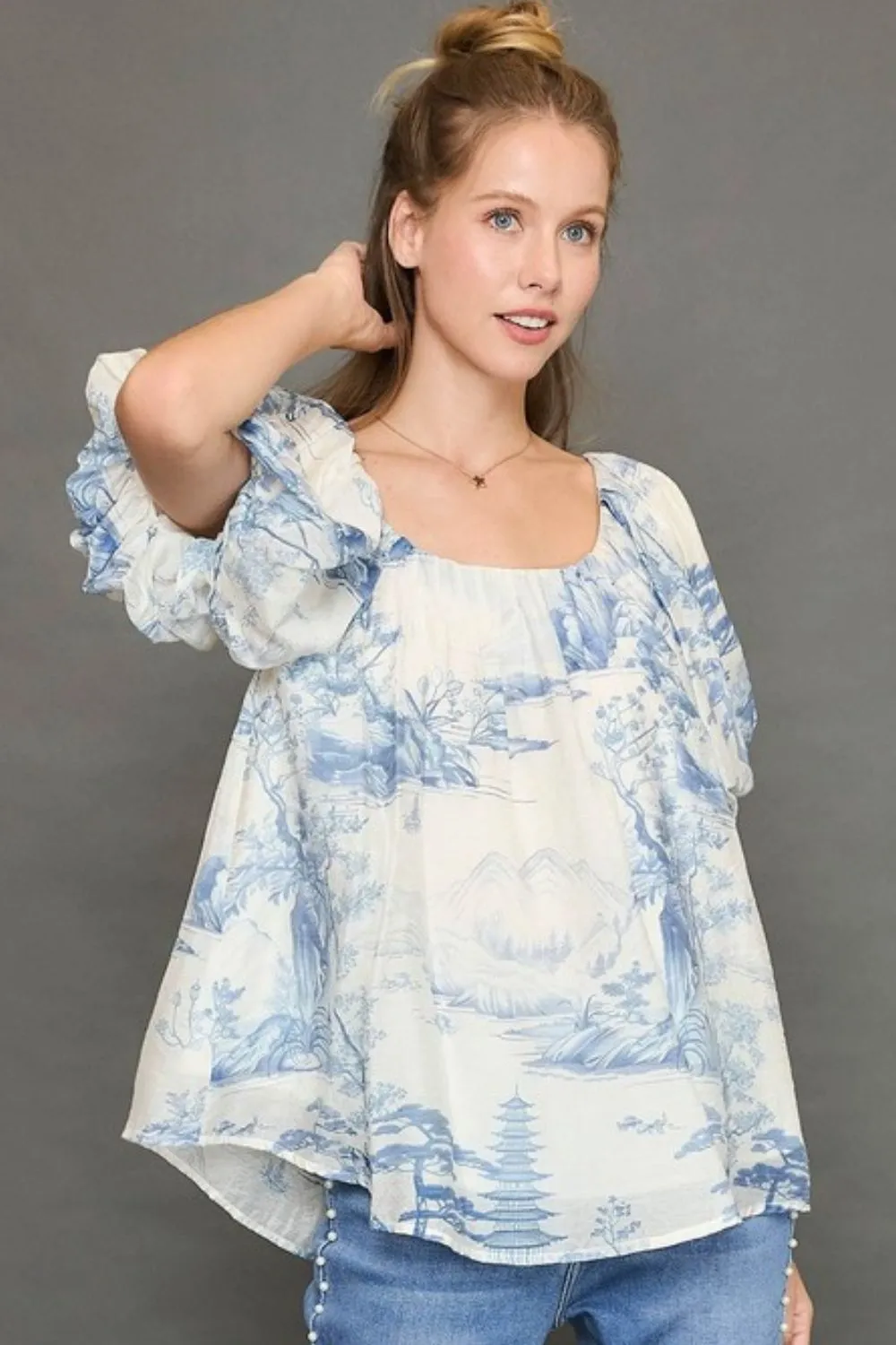 Full Size Two Tone Toile Print Top Plus Size
