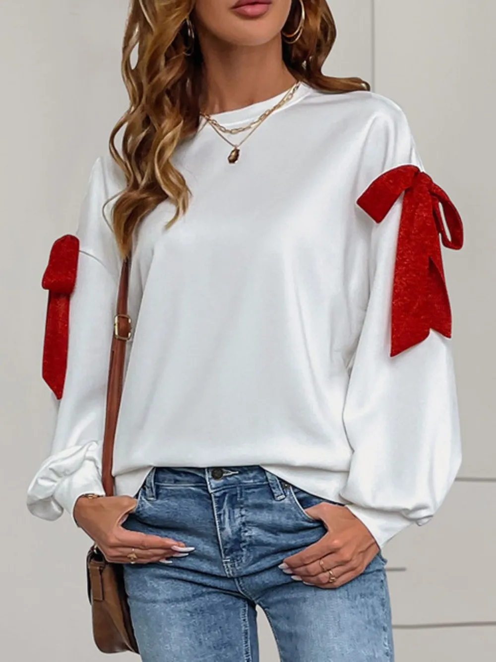 Bow Round Neck Long Sleeve Sweatshirt, image 3