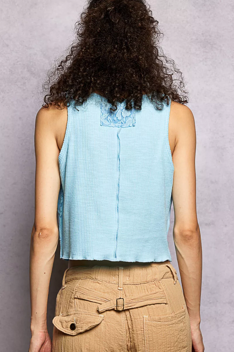 Ribbed Round Neck Cropped Tank with Lace Detail, image 5