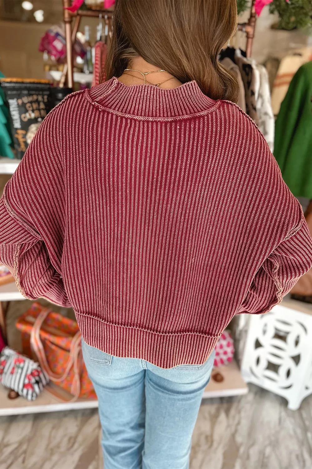 Drop Shoulder High Neck Ribbed Sweater, image 4