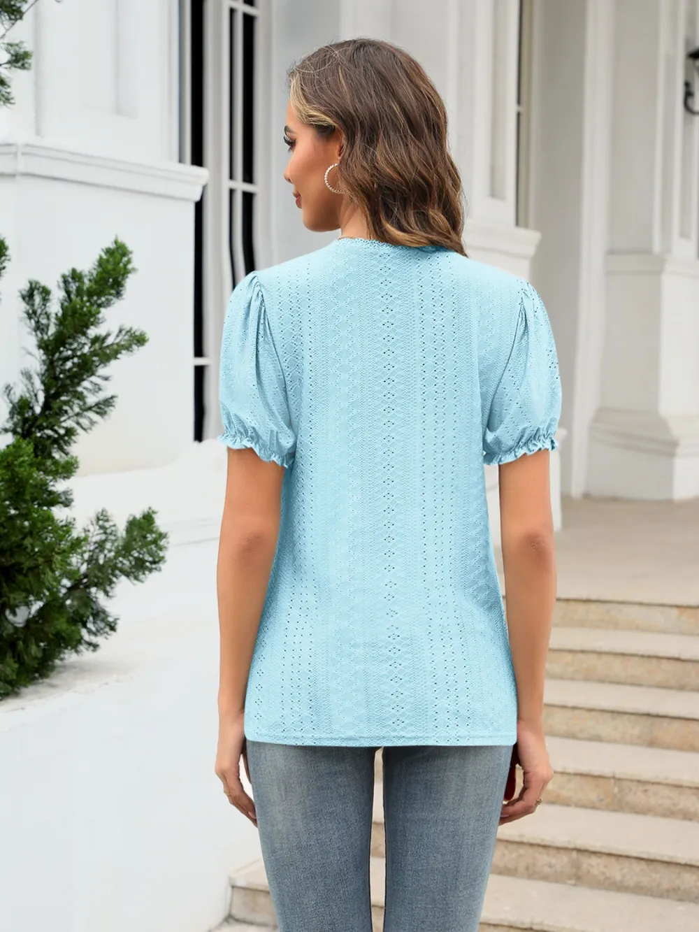 Eyelet Round Neck Short Sleeve Blouse, image 16