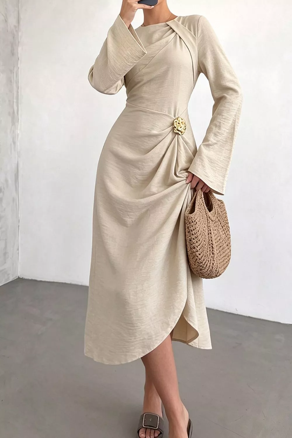 Ruched Long Sleeve Midi Dress, image 2