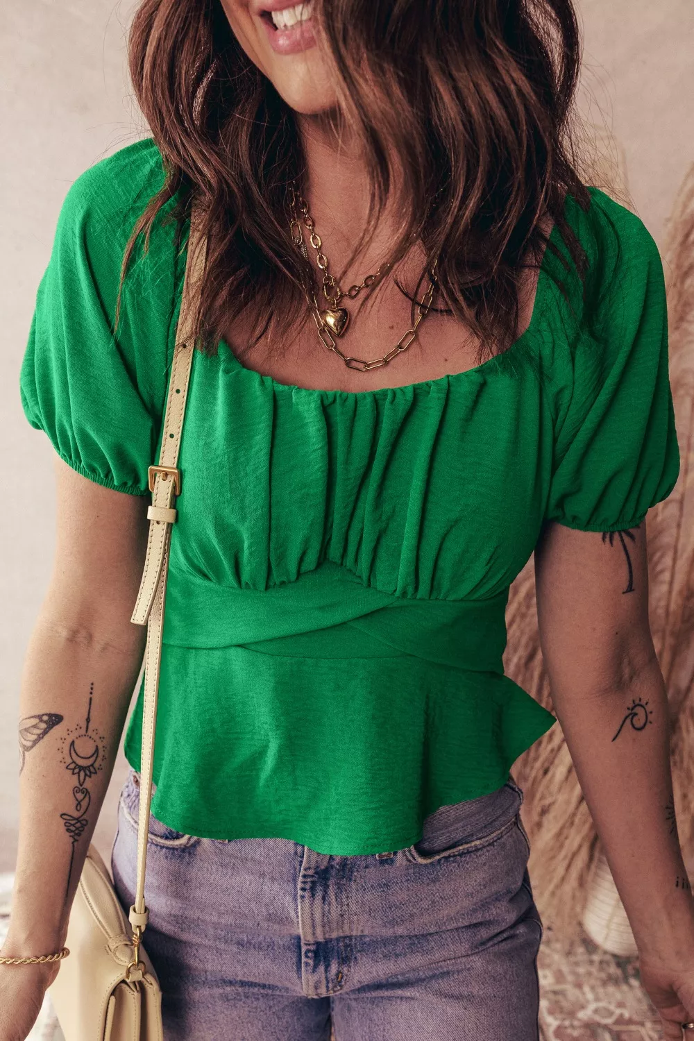Solid Color Ruched Crossed Waist Tied Back Short Sleeve Peplum Top, image 4