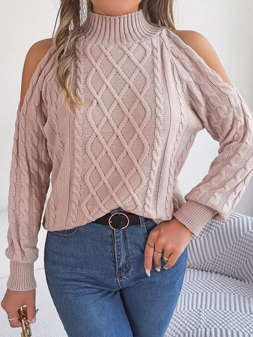 Cable Knit Cold Shoulder Turtleneck Sweater, image 11