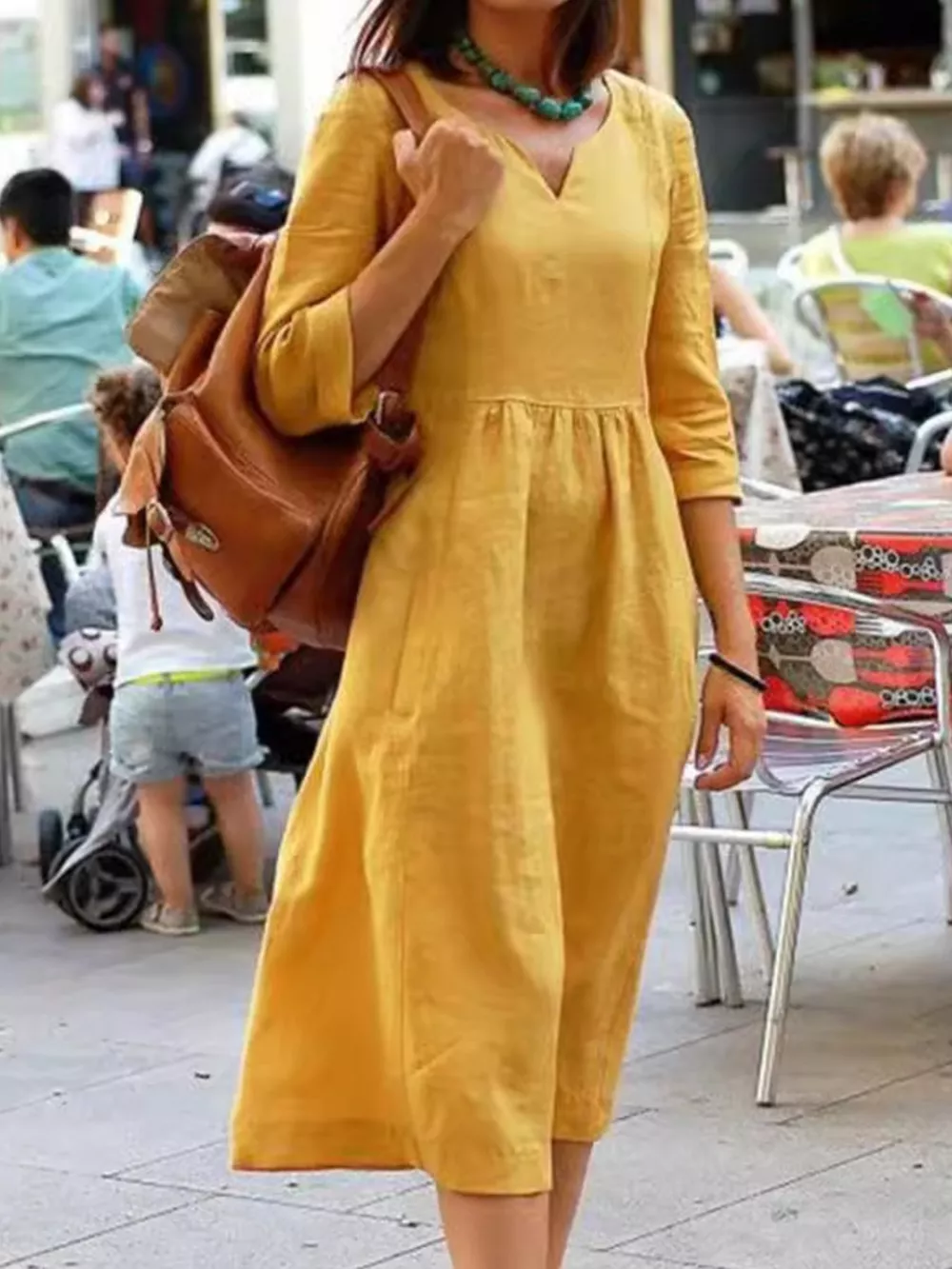 Full Size Notched 3/4 Sleeve Midi Dress Plus Size, image 6