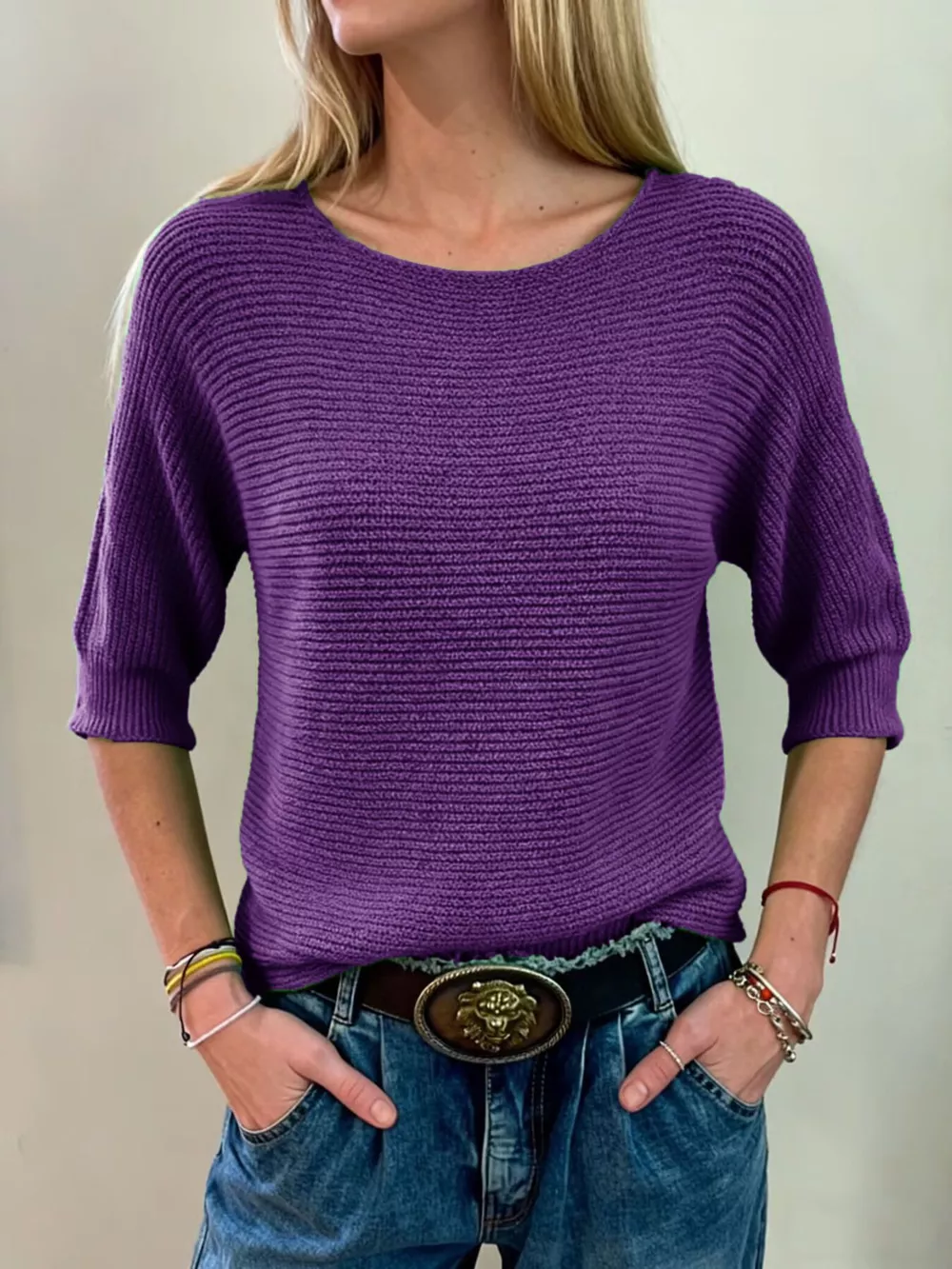 Full Size Ribbed Knit Round Neck Sweater Plus Size, image 21