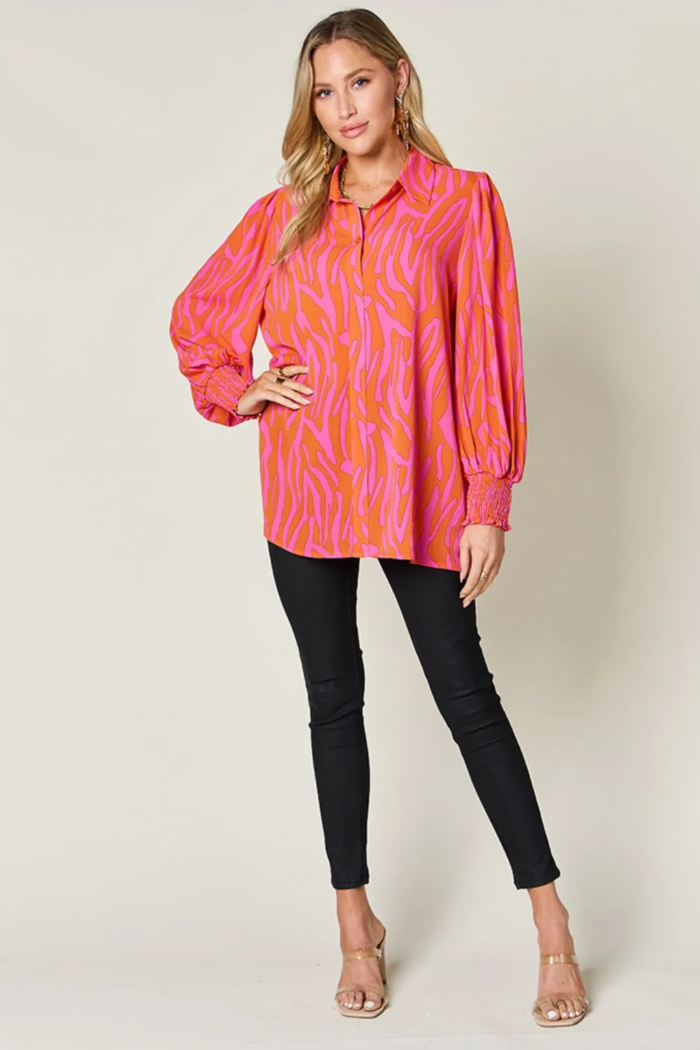 Full Size Printed Smocked Long Sleeve Blouse Plus Size, image 30