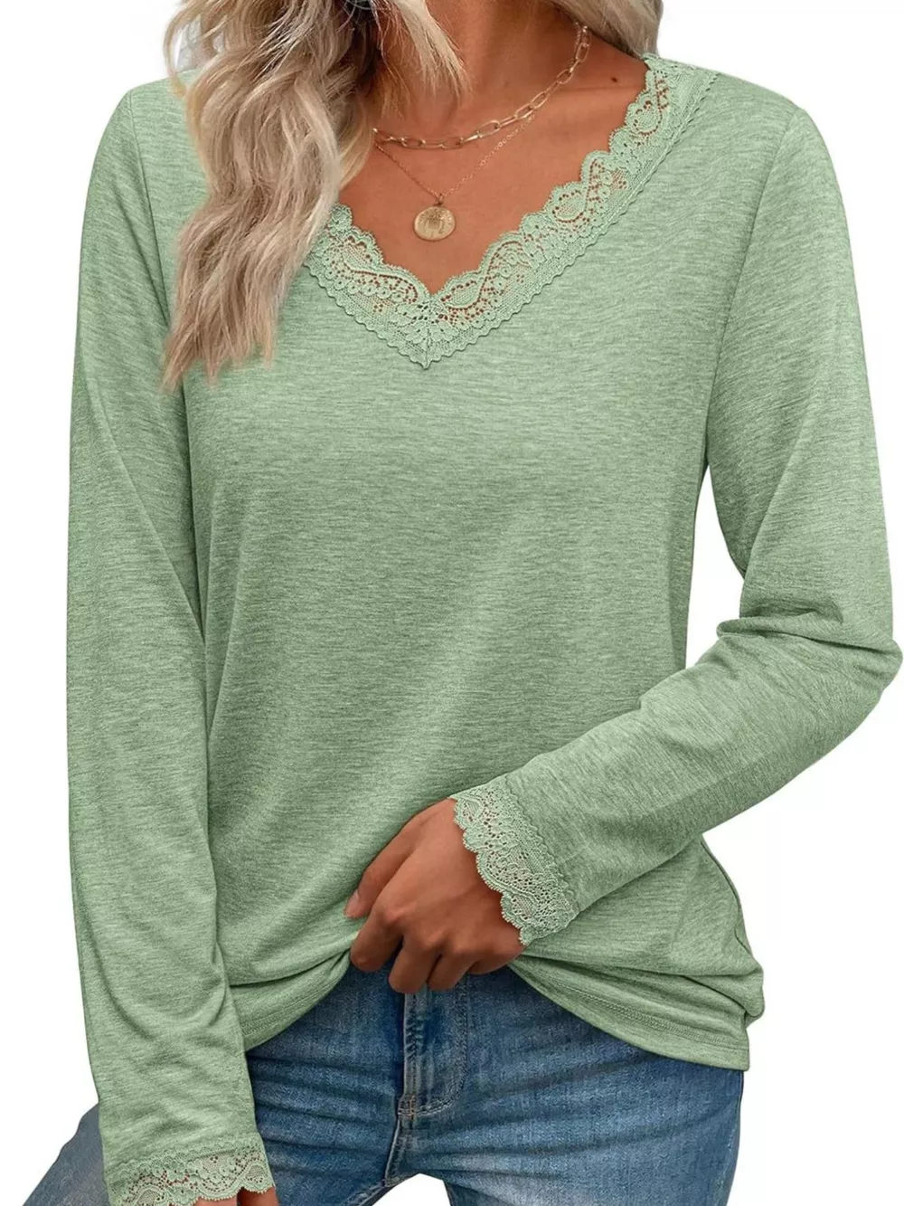 Lace Trim V-Neck Long Sleeve T-Shirt, image 16