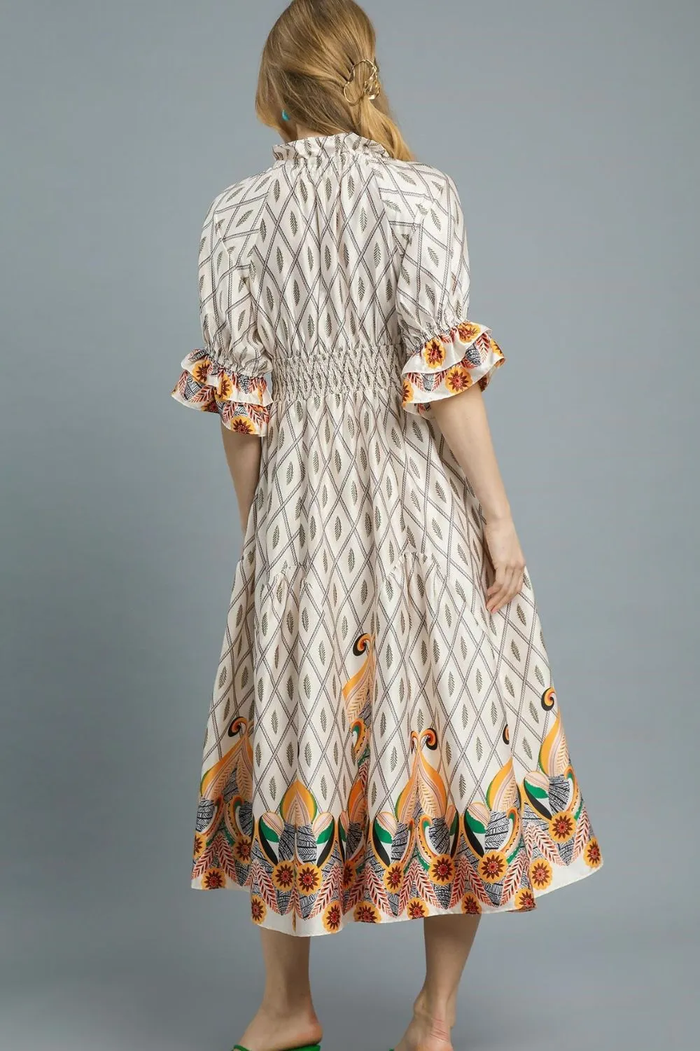 Printed Smocked Waist Flounce Sleeve Midi Dress, image 4