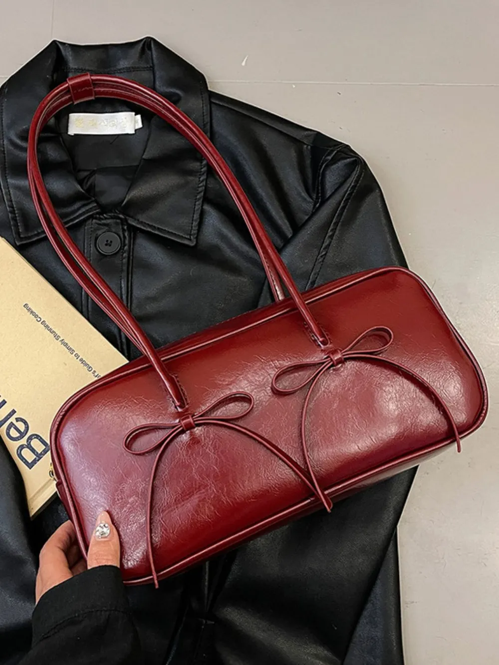 PU Leather Bow Trim Shoulder Bag, image 13