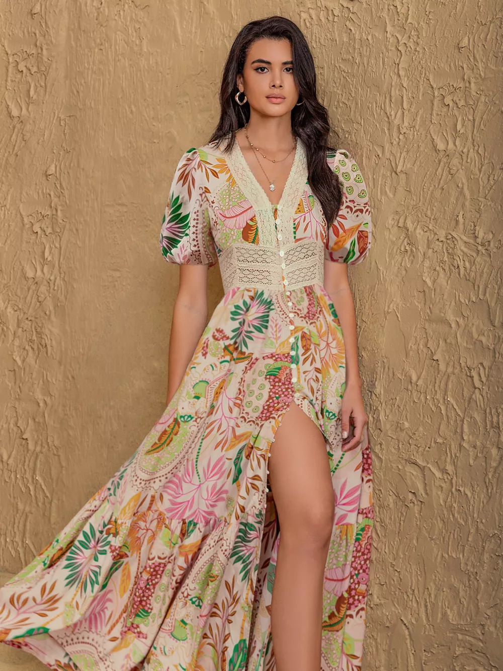 Lace Trim Floral Print Puff Sleeve Dress, image 3