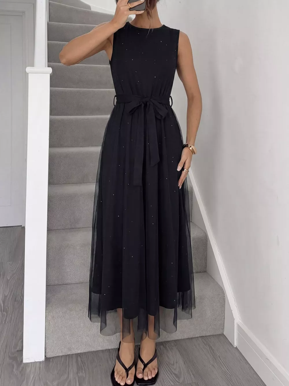 Glitter Sleeveless Tulle Midi Dress