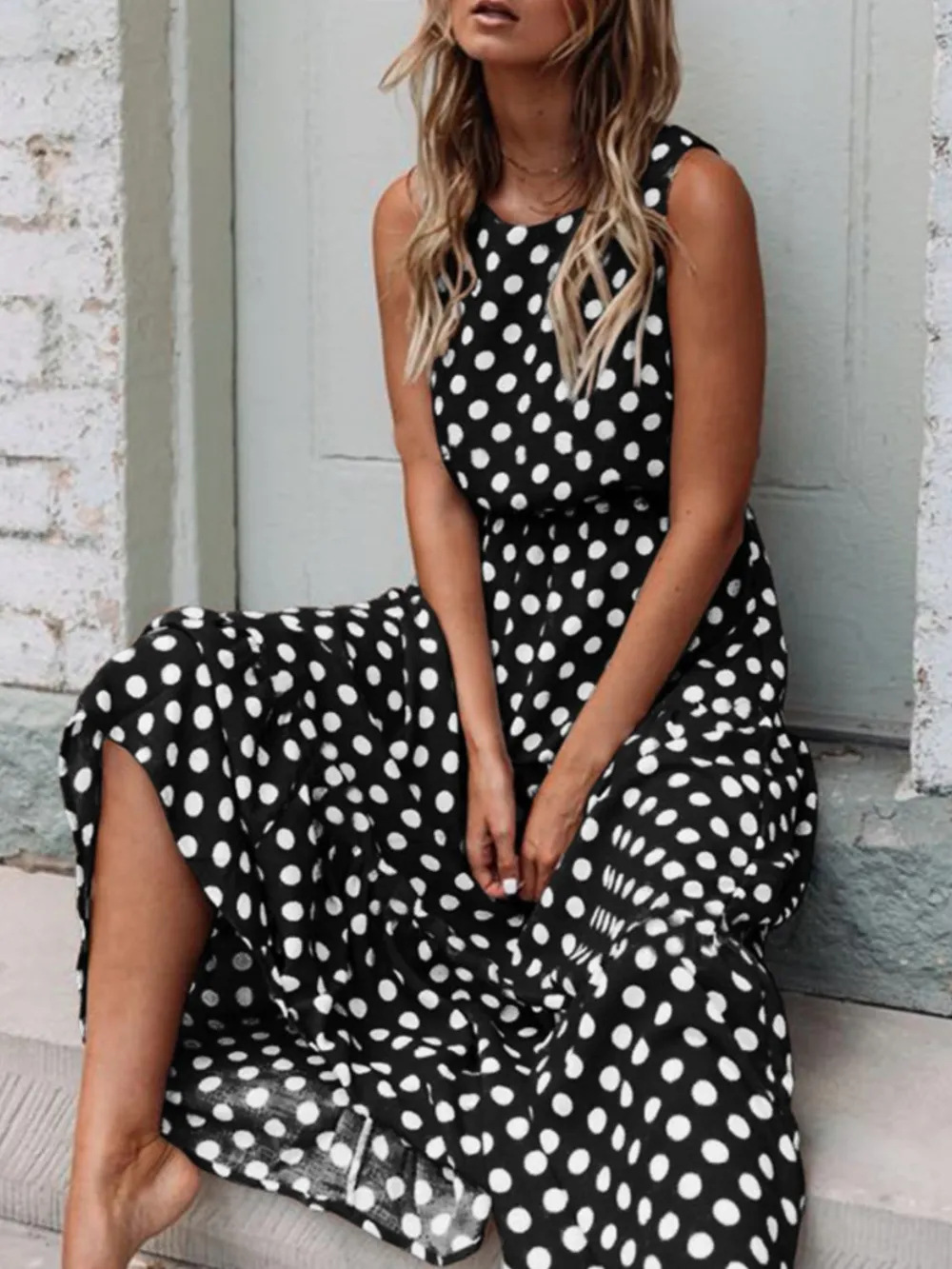 Polka Dot Round Neck Sleeveless Midi Dress, image 8