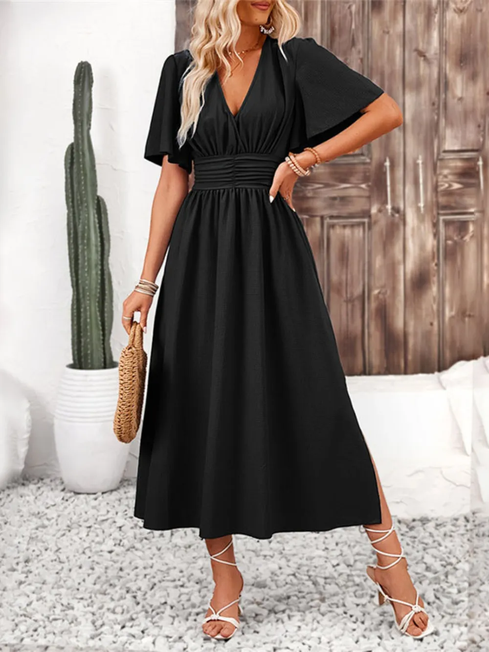 Side Slit Surplice Flutter Sleeve Midi Dress, image 9